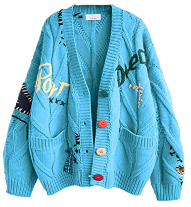 Women's Cable Knit Long Sleeve Open Front Cardigan Sheep V-Neck Button Down Embroidery Wool Blend Sweater Coat Outwear (L,Blue)