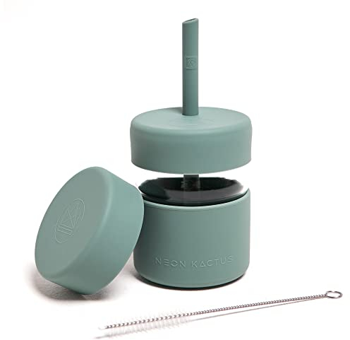 Neon Kactus Kids | 8oz Glasbecher mit Strohhalm und Essensbehälter | Kinderbecher und -behälter-Kollektion | Kleinkindbecher mit Strohhalm 236ml | Komplettes Set | Mikrowellengeeignet | Happy Camper