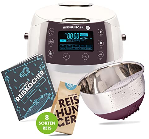 REISHUNGER Starter Set Digitaler Reiskocher & Dampfgarer Weiß inkl. Kochbuch, Reiswaschschüssel und 8 Sorten Reis (8 x 200g)
