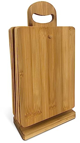 TIENDA EURASIA - Set de 6 Tablas de Bambú con Soporte, 14x6,5x 31cm, para Aperitivos, de Cocina, Tablas de Cortar, color Marron, con Soporte Practico, Faciles de Limpiar
