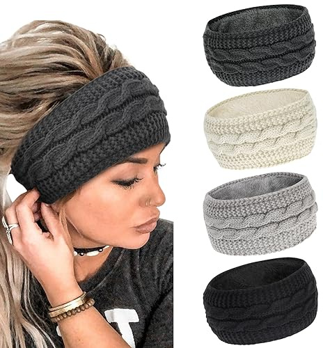 Winter Stirnband Damen Strick Ohrenwärmer Haarband Haarreifen Mädchen Geknotet Gestrickt Stirnbänder Verdicken Frauen Haarbänder Häkelarbeit Elastische Plüsch Skifahren (4 Stück)