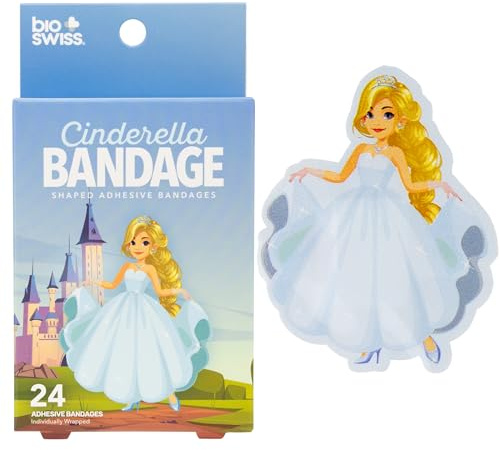 BioSwiss Bandages, Princess Cinderella Shaped Self Adhesive Bandage Set, Latex Free, Sterile Wound Care, 24 Count