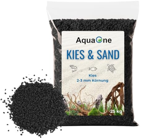 AquaOne Aquarium Kies 25 kg Bodengrund schwarz 2-3 mm Aquariumkies Premium Qualität Quarzkies abgerundete Körnung Aquariumkies Deko Aquascaping Dekoration
