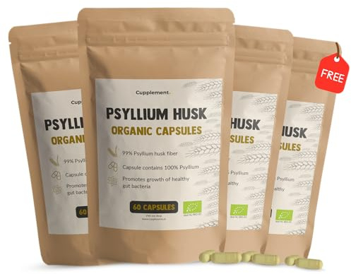 Cupplement Flohsamenschalen (Psyllium Husk) Kapseln 500 mg Kombideal 4x 60 Capsules - Flohsamenschalen-Ballaststoffe – Für die Darmgesundheit – 60-Tage-Vorrat pro Beutel