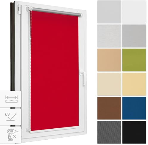 Estika Verdunklungsrollo ohne Bohren, Breite alle 1 cm - 110 cm x 150 cm - Rot - Thermorollo, Rollos für Fenster ohne Bohren, Sonnenschutz Fenster innen