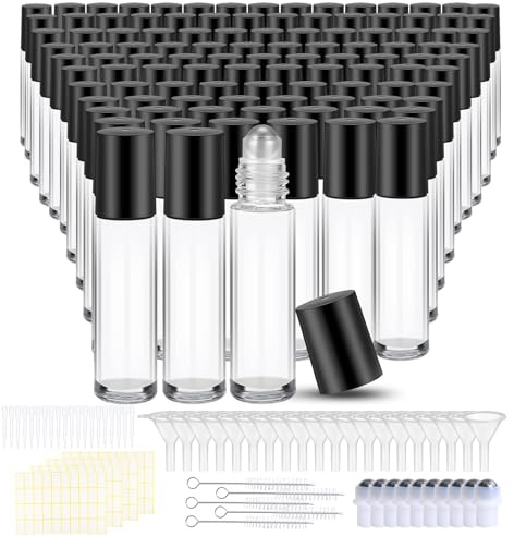 Olutacot 150 Pcs Essential Oil Roller Bottles 10 ml Leakproof Empty Glass Roll on Bottles with Stainless Steel Roller Balls with 20 Funnels 20 Droppers for Travel Perfume Essential Oil