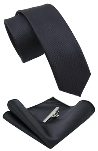 JEMYGINS Schmale Herren Krawatte und Einstecktuch krawattenklammer Set 6cm Schwarz