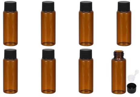 PATIKIL 20 ml flaskor med eteriska oljor, 8-pack bärnstensglasflaskor med öppningsreducerare, provflaska, smal skruvlock, förvaringsflaskor, behållare, svart