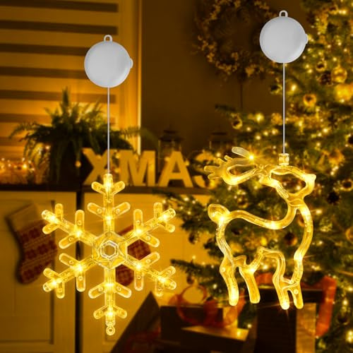 OUILA Weihnachtsbeleuchtung Weihnachtsdekoration Vorhang, Schneeflocken & Elche Rudolph Weihnachtsdekoration für Fenster Weihnachten mit Saugnäpfen und Timer batteriebetriebene Weihnachtslichter für