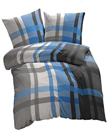 etérea Seersucker Bettwäsche 155x220 cm - bügelfreies Bettwäsche Set mit Kissen - Microfaser Satin nach Oekotex 100 - Reißverschluß - Kariert - 155x220cm + 80x80 cm Kissenbezug - Blau