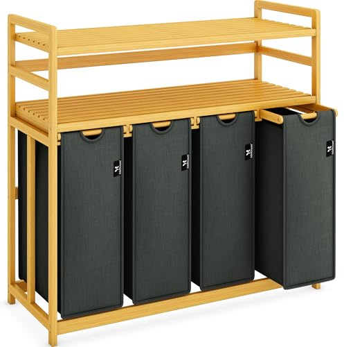 AdelDream Wäschekorb 200L,4 Fächer Wäschesammler,2 Ablagen,Bambus | Wäschesortierer 4 x 50L, ausziehbar abnehmbar, Doppelregal, Farbe Grau