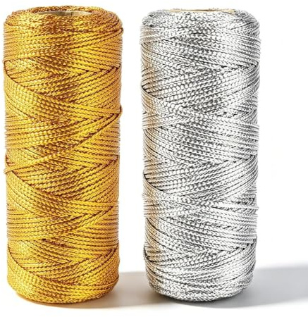 SHENGYIG 2 Rotoli Filo d'oro Spago Dorato, Lunghezza 200m Fettuccia Oro | 1.5mm Cordoncino, Filo di Poliestere, Oro e Argento, per Confezioni Regalo, Filo per Etichette, Artigianato Fai da te