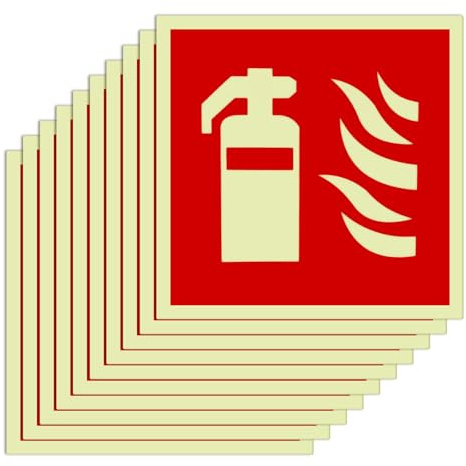 KATIMI 10 Piezas Cartel Extintor Fotoluminiscente, PVC Señal Extintor Autoadhesiva, Señal de Protección Contra Incendios, Señales de Extintor para Interior y Exterior 15 x 15 cm