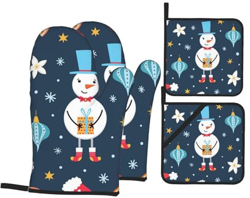 Ofenhandschuhe und Topflappen-Set, Weihnachtsmann und Schneemann, Blumenmuster, hitzebeständig, Küchen-Backhandschuhe, rutschfeste Oberfläche zum Kochen, Backen, Grillen, Grillen
