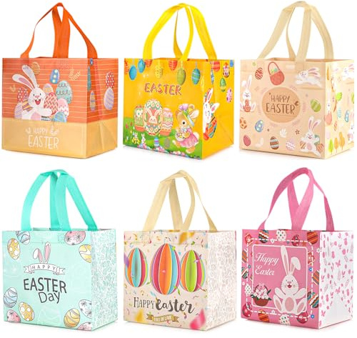 Tapvai Geschenktüten Ostern,Ostertüten zum Befüllen,6 Stück Geschenktüten Mit Griffen,Wiederverwendbar Tüten Ostern,mit Hasen Ostereiern Deko-Mustern,von Geschenken,Eiersuche,Partyzubehör