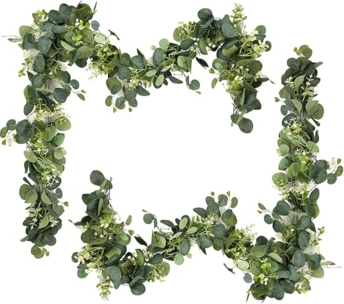 2 Stück Eukalyptus Girlande, 180cm Künstliche Girlande Pflanze, Kunstpflanze Hängend, Eukalyptusranke Grüne Blätter Deko mit Weiße Blumen Silberdollar für Hintergrund Hochzeit Bogen Tischdekoration