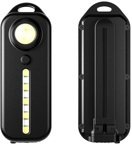 HUFACAI Petite lampe de poche, porte-clés lampe torche LED brillante avec 5 modes d'éclairage, lumière forte rouge et bleue clignotante, clip portable, lampe de poche rechargeable par USB, IPX3