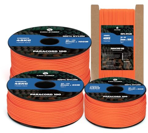 Kamu Synber 2mm Paracord 15m 100% Nylonrep 1 Tråd Typ I för Camping, Armband, Utomhus | Stöd 45kg | Orange
