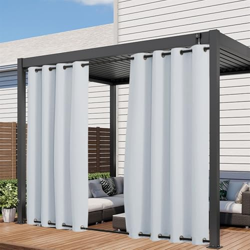 LINGKY Outdoorvorhang Wetterfest mit Ösen (Oben & Unten) 2er Set H 213 x B 132 cm Outdoor Vorhänge Wasserdicht Blickdichte Outdoor Gardinen für Pavillon & Terrasse, Grau-weiß
