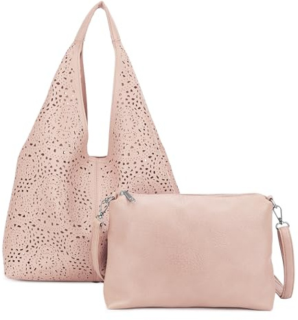ANGELO Set di Borsa da Donna in Pelle PU, Hobo Bag a Spalla Traforata, Tote a Sacca con Pochette a Tracolla Regolabile, Elegante Capiente per Uso Quotidiano, Lavoro, Shopping, Università