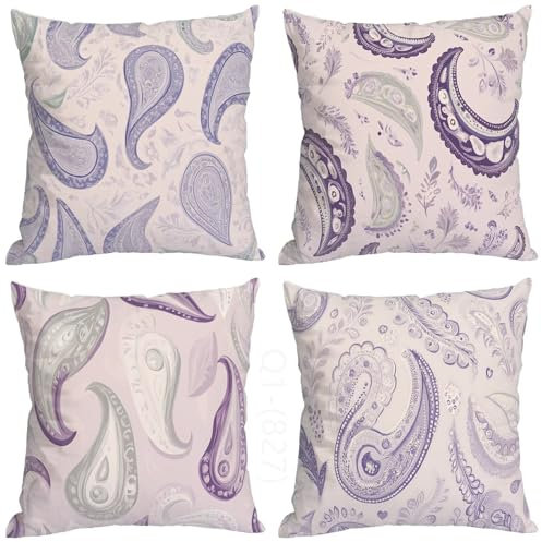 Einfachheit Kissenbezug 80x80 cm, Outdoor Kissen Lila Muster Design, 4er Set Doppelseitig HD Drucken Wetterfest Leinen Kissenbezüge mit Unsichtbarem Reißverschluss für Outdoor Deko Kissen Aesthetic
