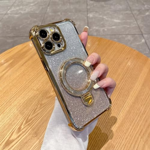 PONRFEKT Electroplated Glitter Case for iPhone 12 Pro Max with Magnetic Stand,Transparent Protective Cover Gradient Glitter,Stylish Silicone Shockproof Cover-Gold