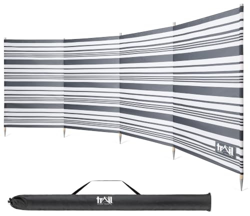 Trail Premium 5 Pole Wooden Windbreak with Bag, 3.6m x 1.3m Tall Windbreaker Sun Shelter Privacy Screen with Metal Spikes, Reinforced Stitching, Outdoor Camping Festival Garden (Grey & White Striped)
