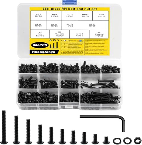 688 Pcs M4 Bolts Set, M4 Screws Set, Assorted Nuts and Bolts Set, Black Round Head Hex Socket Button Head Machine Screws with Nuts Flat Washers & Spring Washers