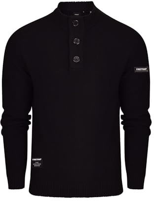 Firetrap Mens 3 Button Funnel Neck Jumper Pullover Winter Sweaters Cotton Blend Jumpers Quarter Half Button Men Top Jumoers Designer Smart Top Knitted Knitwear Sweatshirt Jumpers for Men Black L