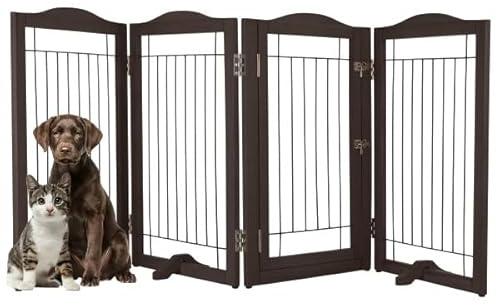 Freestanding Dog Gate - 4-Panel Foldable Indoor Pet Fence with Lockable Door and Support Feet - 80x32in Extra Wide Wood Dog Gate for Stairs, Hallways, or Doorways by PETMAKER (Brown)