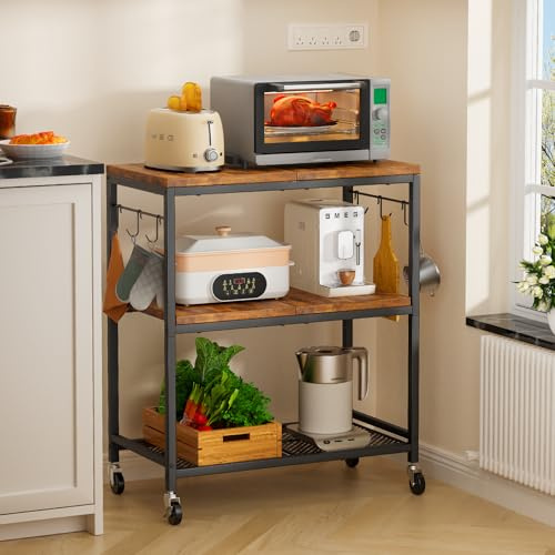 NEHAJUNXI 3 Tier Rolling Kitchen Microwave Cart with 6 Hooks, Utility Cart Storage Table Stand on Lockable Wheels, Small Coffee Shelf Rack Organizer,Brown