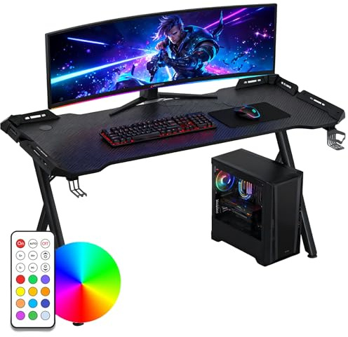 Suusolny Escritorio LED para videojuegos con revestimiento de fibra de carbono, mesa ergonómica para ordenador con iluminación RGB, mesa de juegos con patas en forma de Y, mesa de PC con soporte para