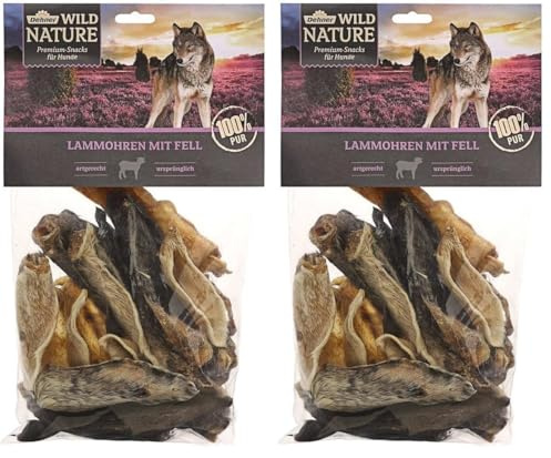 Dehner Wild Nature Hundesnack, Premium Hundeleckerli glutenfrei/getreidefrei, Kausnack für ernährungssensible Hunde, Lammohren mit Fell, 200 g (Packung mit 2)