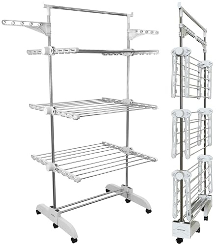 PORTENTUM Stendino verticale salvaspazio pieghevole 14 cm 5 livelli – 58 ganci per appendini – Fino a 40 kg – Stendibiancheria 24 barre acciaio inox – Uso interno ed esterno – Ruote girevoli con freno