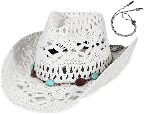 GEMVIE Straw Cowboy Hat for Women Ladies Summer Beach Straw Hat Shapable Brim Western Cowgirl Sun Hat with Turquoise Band and Chin Strap White+Band（7-7 1/4）