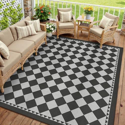 PureCozy Outdoor Teppich Wetterfest 200x300cm Schwarz Grau Waschbar | Outdoorteppich,Wetterfest,Waschbar,Rutschfest,Jute Optik,für Balkon,Garten,Terrasse,Wohnzimmer