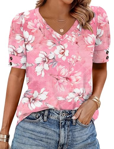 Rapbin Womens Short Sleeve Tops Buttons V Neck Ladies Blouse Fashion Dressy Shirts Loose Summer Outfits