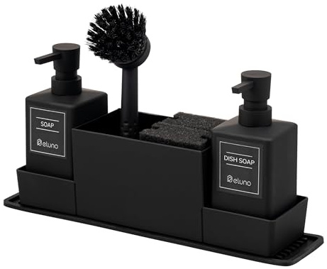 eluno Spülbecken Organizer mit Soft-Touch Oberfläche und viel Zubehör | Ablagefächer inkl. 2 Seifenspendern, Anti-Rutsch-Matte, Spülbürste, Scheuerschwämmen und weiterem Zubehö