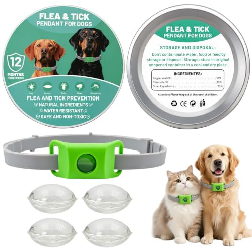Collier Anti Puces et Tiques pour Chien et Chat | Collier Antiparasitaire Naturel aux Huiles Essentielles, 4 Capsules Remplaçables, Pendentif Répulsif, Imperméable et Réglable