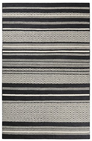 Esprit home I Handweb Kurzflor Teppich/Läufer aus Wolle für Wohnzimmer, Flur, Schlafzimmer I Hudson Kelim ESP-6113-01 | Schwarz Weiß | (80 x 150 cm)