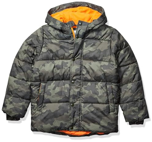 Amazon Essentials Piumino Pesante con Cappuccio Bambini e Ragazzi, Verde Militare Scuro Motivo Mimetico, 9 Anni