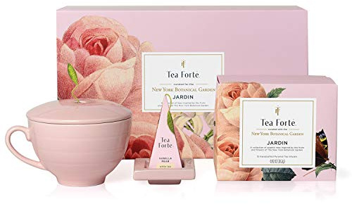 Tea Forte Jardin Gift Set with Pink Cafe Cup, Tea Tray and 10 Handcrafted Pyramid Tea Infuser Bags | 8 oz Porcelain Tea Cup, Lid & Tea Tray - 2 of Each Blend - Individually Wrapped - Giftable Presentation Box