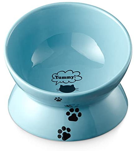 Y YHY Elevated Cat Food Bowl, Ceramic Raised Bowl, Tilt Angle Protects Cat's Spine, Anti Vomiting Dish, Backflow Prevention, Lake Blue