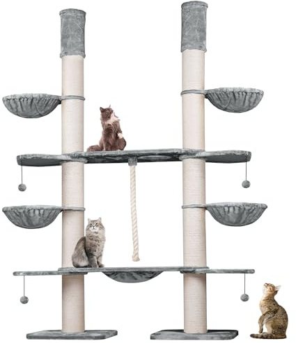 HAPPYPET XXL Kratzbaum-Landschaft für große Katzen - 2-in-1 Aktivitäts- und Sisal-Paradies mit Deckenspanner 280cm hoch | Premium Plüsch