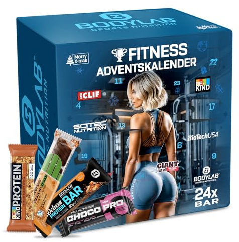 Bodylab24 Riegel Adventskalender 2025, Fitness Adventskalender mit 24 Protein-Riegeln und Energy-Riegeln von Top-Marken, High Protein Snacks für Männer und Frauen