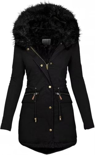 KaloryWee Summer Winter Coats Women Warm Faux Fur Lining Hooded Coat Ladies Plus Size Thicken Jackets Mid-Long Outwear (UK, Alpha, XL, Regular, Regular, Black)