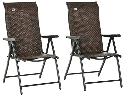Outsunny 2 Stück Rattan PE und Stahl Gartenstuhl Set, Klappstühle für draußen mit 7-Fach Verstellbarer Rückenlehne, Rot und Schwarz
