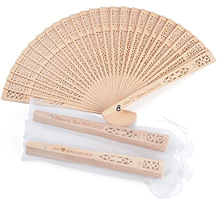 YQHWLKJ 50 Stück Personalisierte Gravur Holz Handfächer Hochzeit Persönlichkeit Fans Geburtstag Individuelle Baby Party Dekoration Geschenke für Gäste