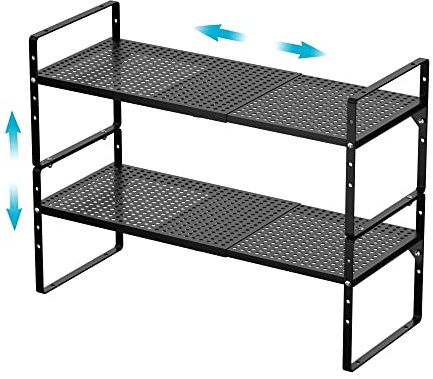 iPEGTOP Large Expandable Cabinet Storage Shelf Organizer Rack, Heavy Duty Steel Metal Spice Rack Adjustable Height Home Office Pantry Shelf Space for Counter Kitchen Organization, Black, 2 Pack