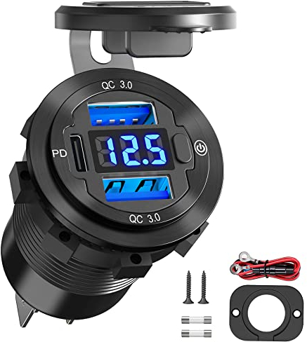 Qidoe 66W Steckdose 12V PD 3.0 USB C Motorrad Steckdose Wasserdicht Dose QC 3.0 KFZ USB Einbaubuchse mit Schalter Voltmeter 24V Spannungsanzeige für Boot LKW Wohnwagen Caravan